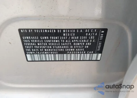 2014 Volkswagen Jetta Sportwagen 2.0L Tdi z USA, uszkodzony, nr VIN 3VWPL7AJ3EM618503